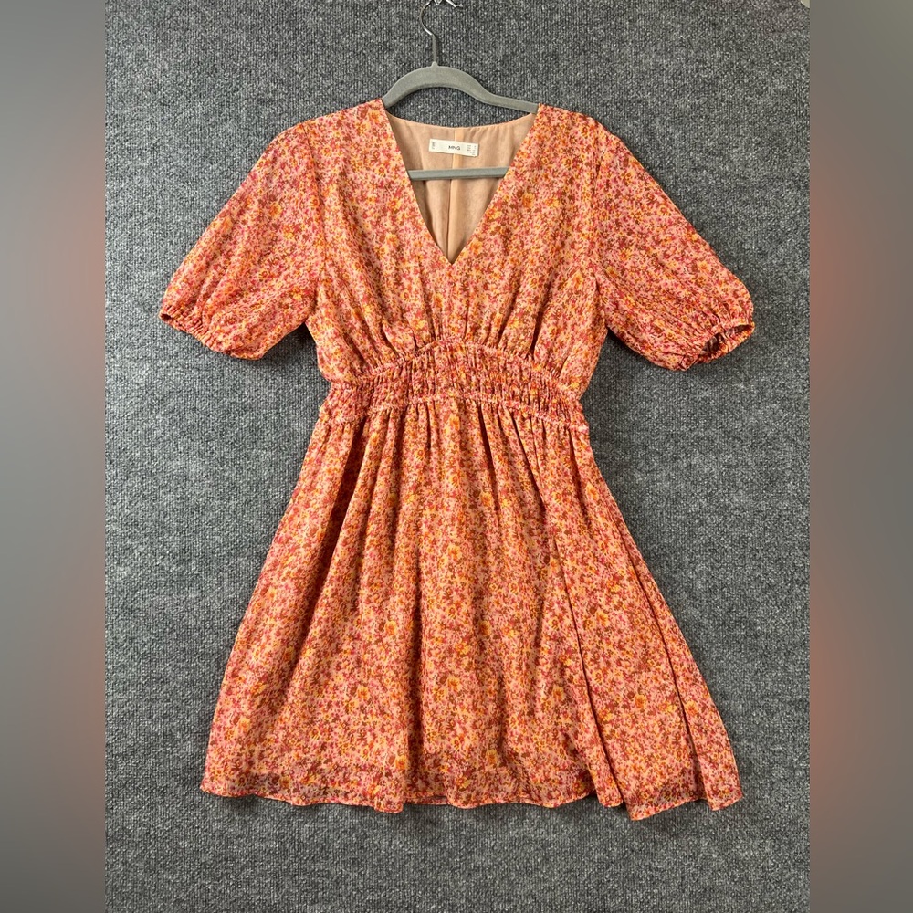 MNG Mango Dress Women Size 4 Pink Chiffon Floral Ruched waist Summer Spring‎
